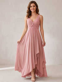 V-Neck High-Low Chiffon Bridesmaid Dress with Ruffles