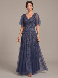 V-Neck Sequin Tulle Mother of the Bride Dress with Flutter Sleeve