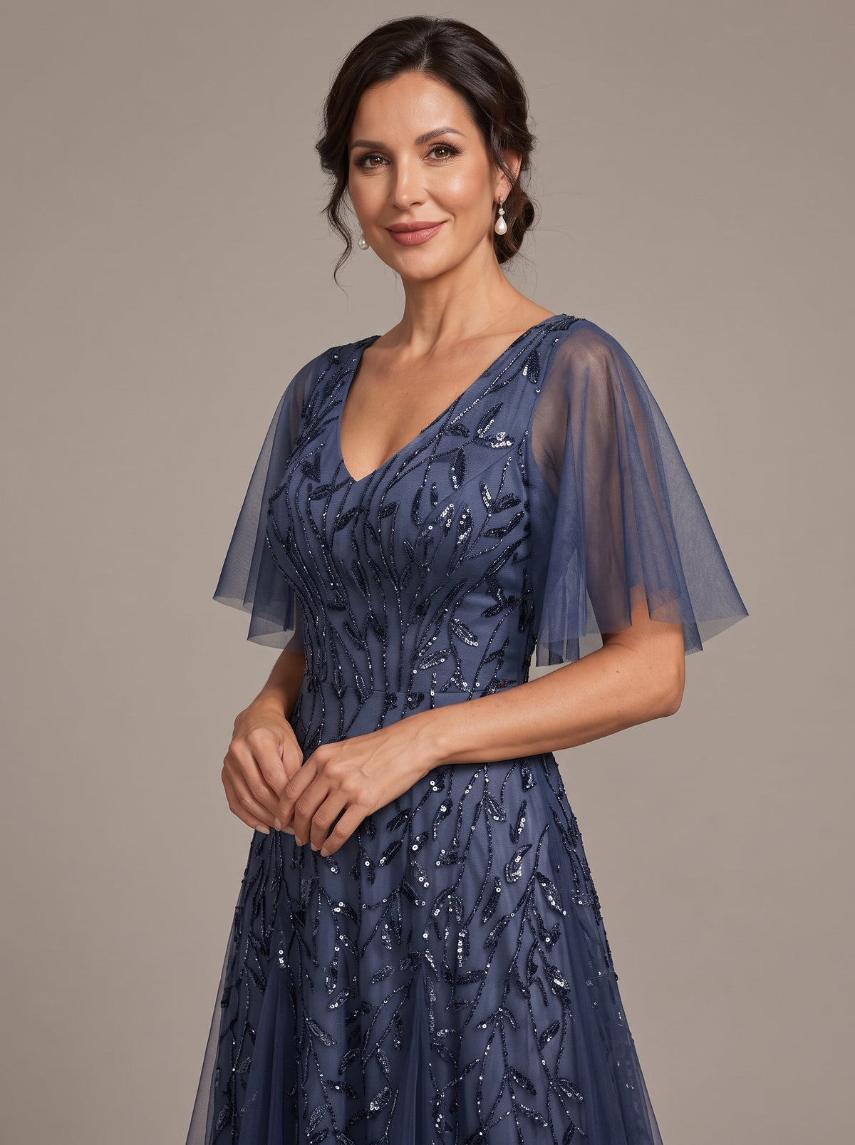 V-Neck Sequin Tulle Mother of the Bride Dress with Flutter Sleeve