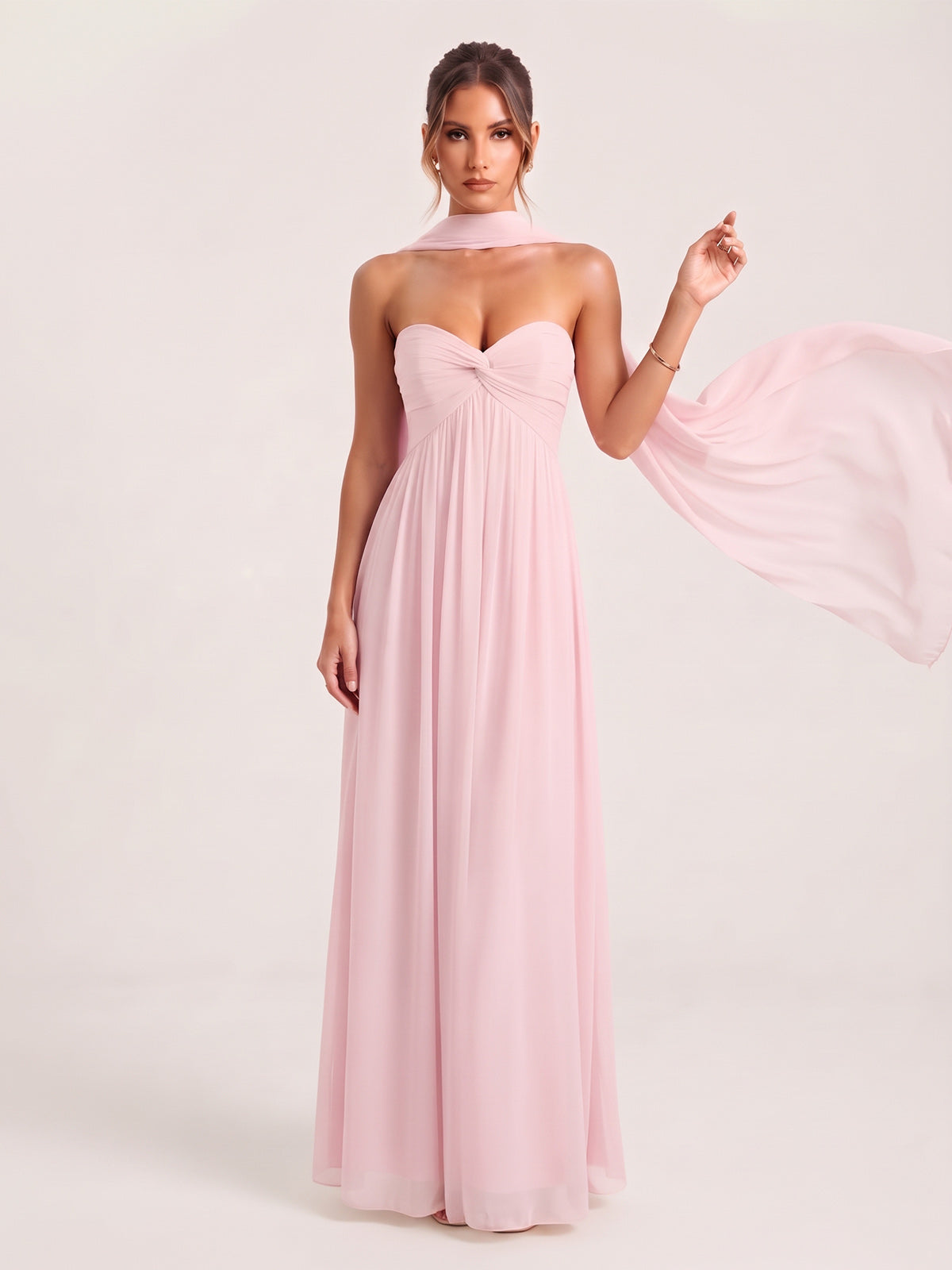 Strapless Ruched Chiffon Long Prom Dress with Scarf