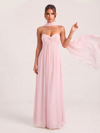 Strapless Ruched Chiffon Long Prom Dress with Scarf