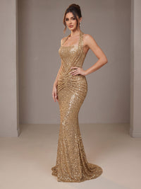 Gold Halter Sequin Mermaid Ruched Prom Dress Long Ruched Evening Gown