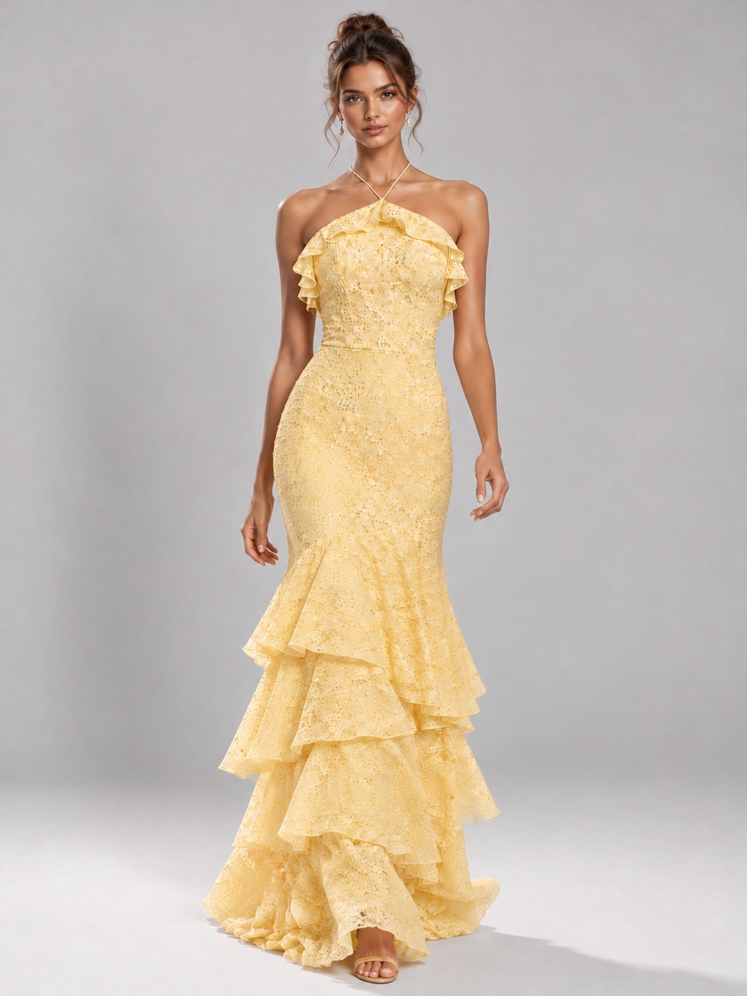 Halter Tiered Mermaid Prom Dress with Sparkly Lace