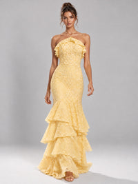 Halter Tiered Mermaid Prom Dress with Sparkly Lace