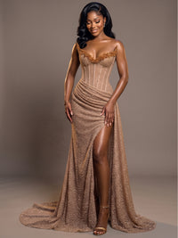 Luxury Strapless Sequin Corset Mermaid Prom Dress with High Slit & Train