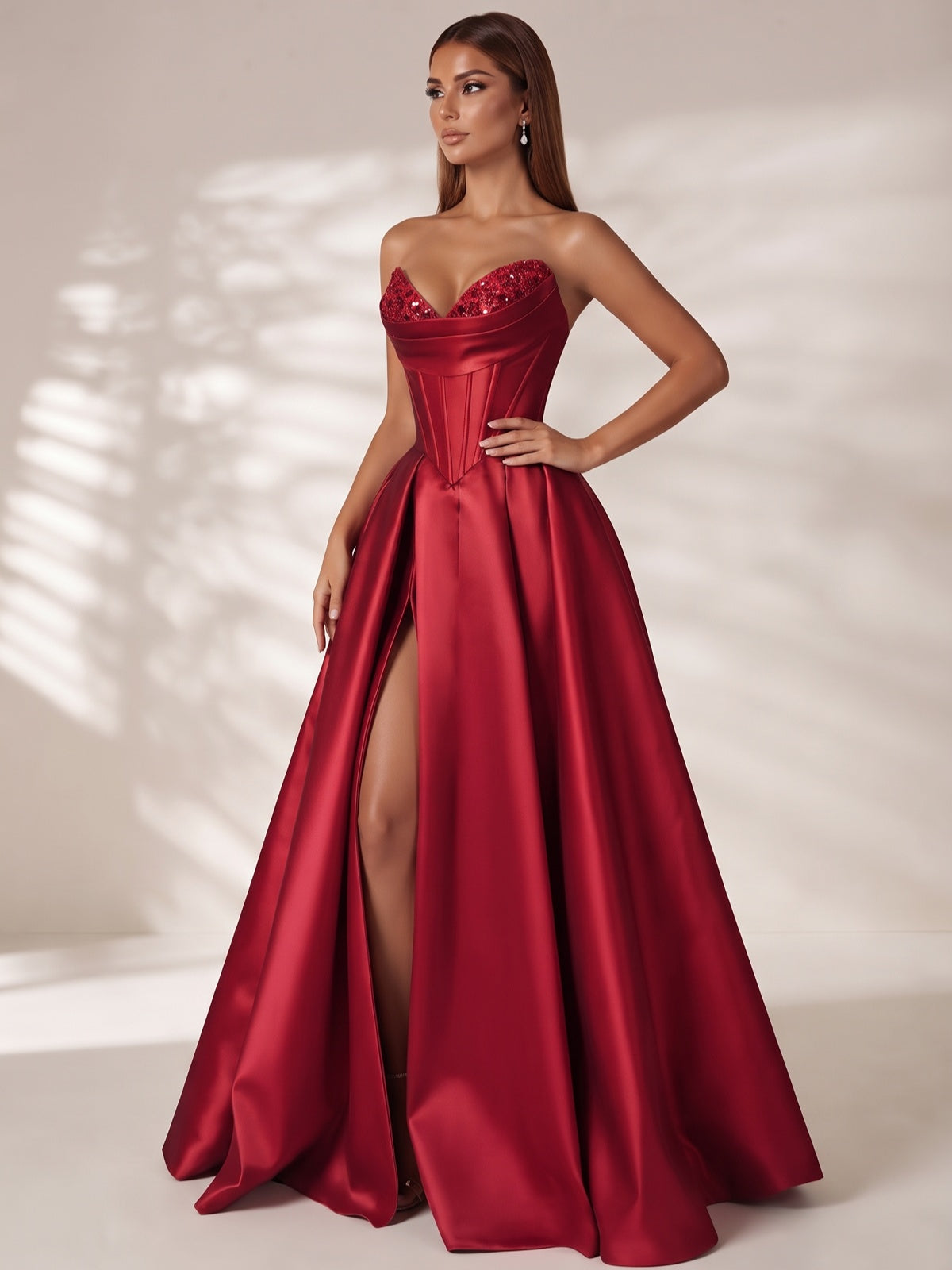 Strapless Corset Satin Prom Dress Long Evening Gown with High Slit