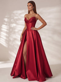 Strapless Corset Satin Prom Dress Long Evening Gown with High Slit