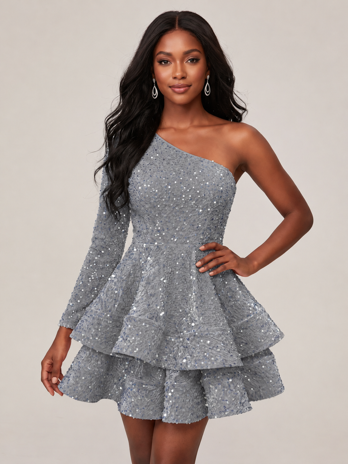 Puffy One Shoulder Sequin Tiered Mini Dress