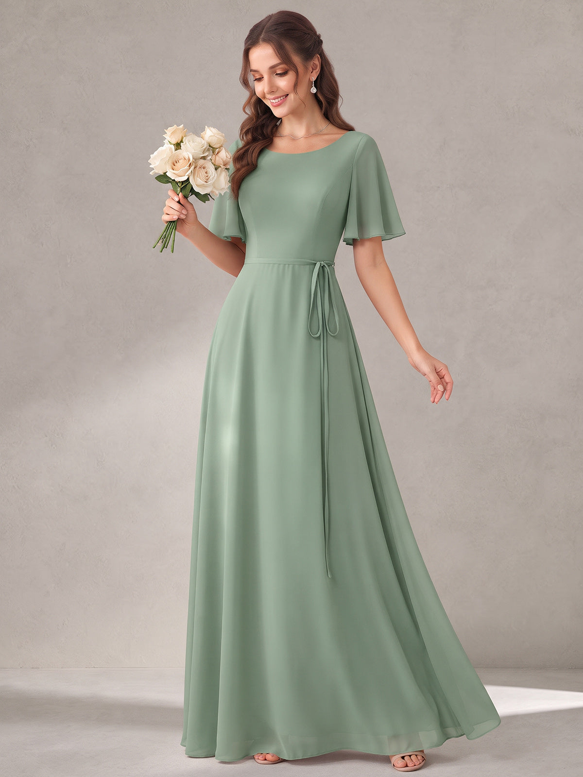 Scoop Neck A-line Chiffon Bridesmaid Dress with Flutter Sleeve & Belt