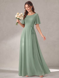 Scoop Neck A-line Chiffon Bridesmaid Dress with Flutter Sleeve & Belt