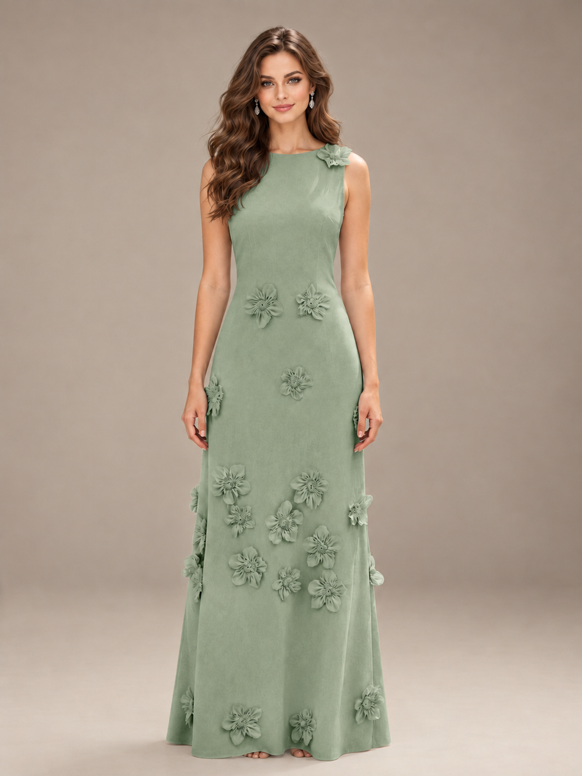 Light Blue 3D Floral Applique Sleeveless Maxi Dress