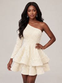Ivory One Shouler Sequin Homecoming Dress with Long Sleeve Sparkly Puffy Tiered Mini Prom Dress Cocktail Party Gown