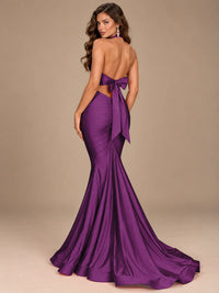 Pink Halter Deep V-Neck Ruched Mermaid Prom Dress