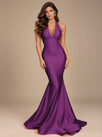 Pink Halter Deep V-Neck Ruched Mermaid Prom Dress