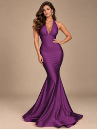 Pink Halter Deep V-Neck Ruched Mermaid Prom Dress