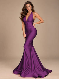 Pink Halter Deep V-Neck Ruched Mermaid Prom Dress