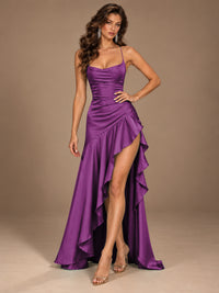 Burgundy Spaghetti Strap Ruched Prom Dress with Ruffled High Slit