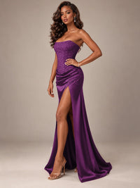 Burgundy Strapless Sparkly Corset Prom Dress with High Slit