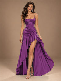 Burgundy Spaghetti Strap Ruched Prom Dress with Ruffled High Slit