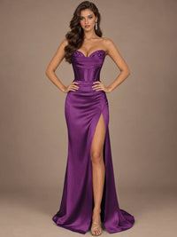 Dusty Blue Strapless Lace Corset Prom Dress with High Slit