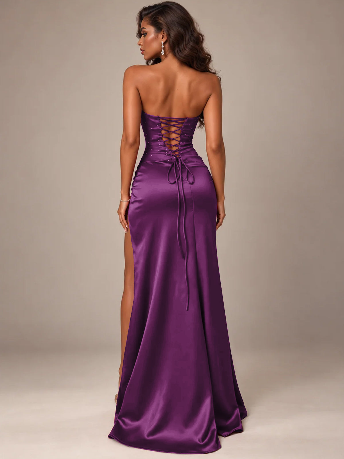 Burgundy Strapless Sparkly Corset Prom Dress with High Slit