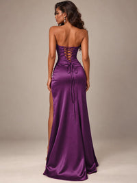Burgundy Strapless Sparkly Corset Prom Dress with High Slit