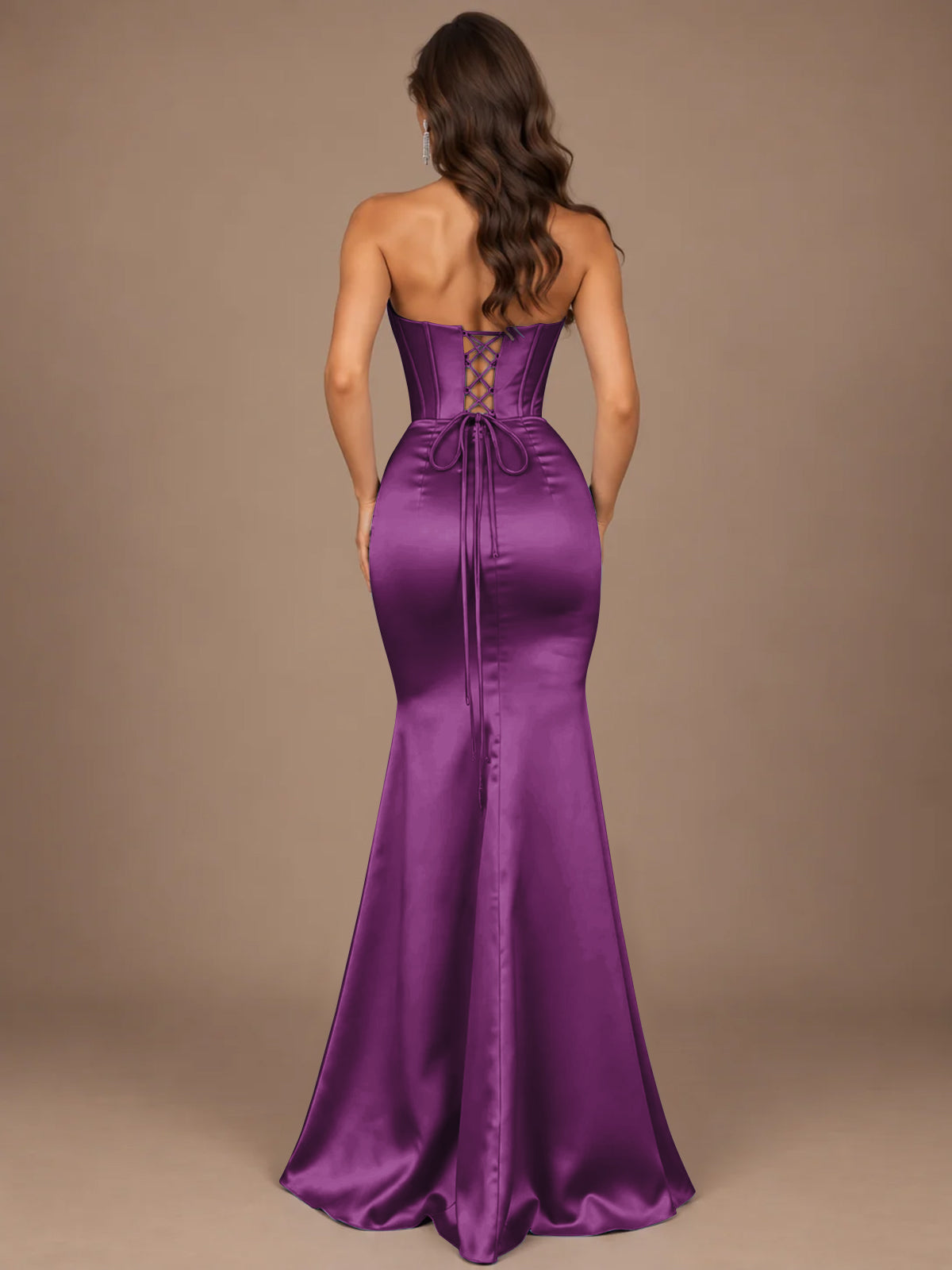 Dusty Blue Strapless Lace Corset Prom Dress with High Slit