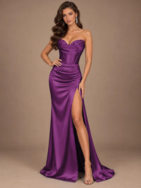 Dusty Blue Strapless Lace Corset Prom Dress with High Slit
