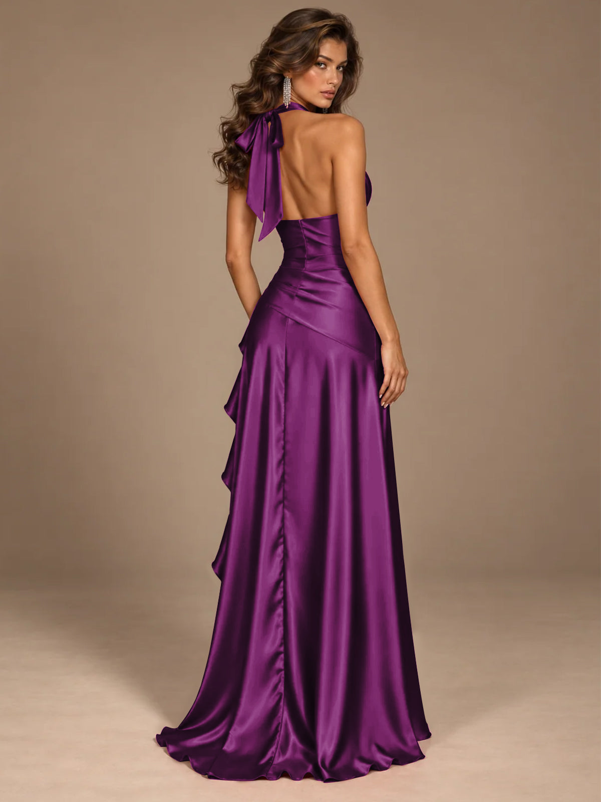 Burgundy Halter Deep V-Neck Ruched High Slit Ruffle Prom Dress