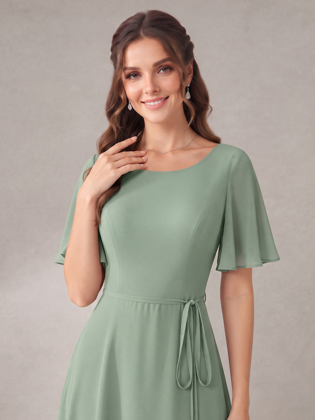 Scoop Neck A-line Chiffon Bridesmaid Dress with Flutter Sleeve & Belt