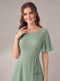 Scoop Neck A-line Chiffon Bridesmaid Dress with Flutter Sleeve & Belt