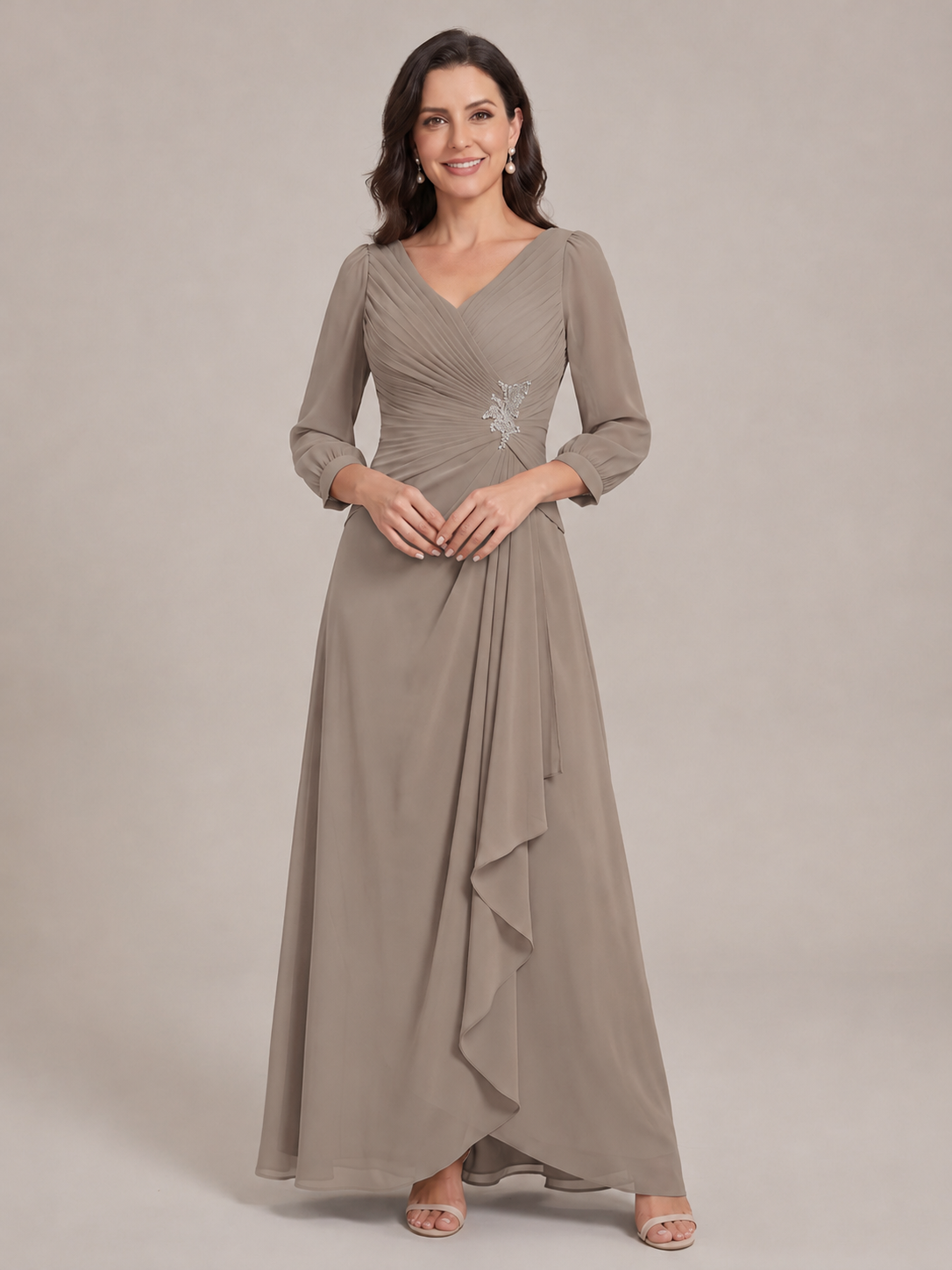 V-Neck Pleated Chiffon Mother of the Bride Dress with Flutter Sleeves