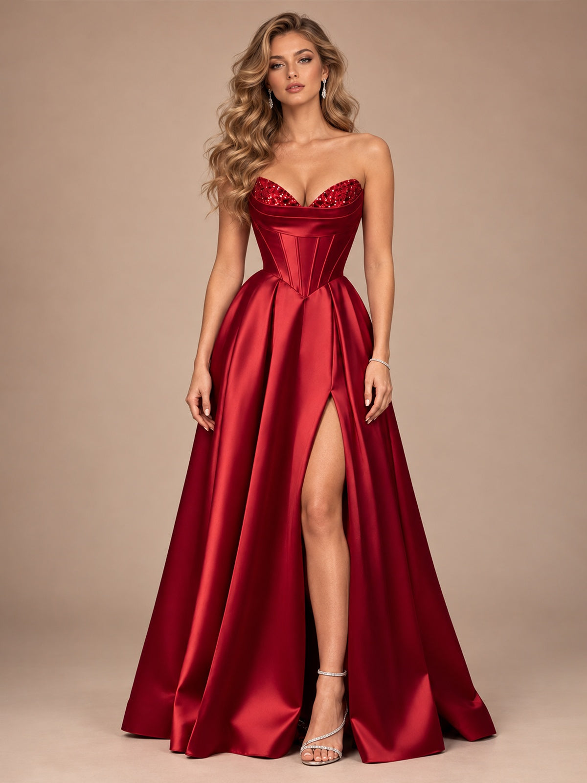 Strapless Corset Satin Prom Dress Long Evening Gown with High Slit