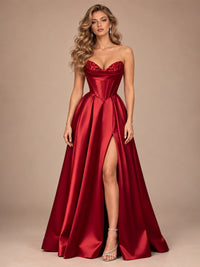 Strapless Corset Satin Prom Dress Long Evening Gown with High Slit