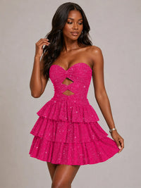Royal Blue Sequin Strapless Cutout Ruffle Mini Dress