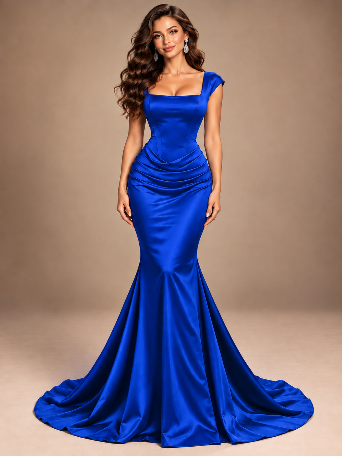 Navy Blue Square Neck Mermaid Pleated Satin Maxi Dress