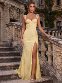 Sweetheart Floral Applique Corset Mermaid Prom Dress with High Slit