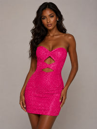 Royal Blue Rhinestone-Embellished Strapless Cut-Out Bodycon Mini Dress