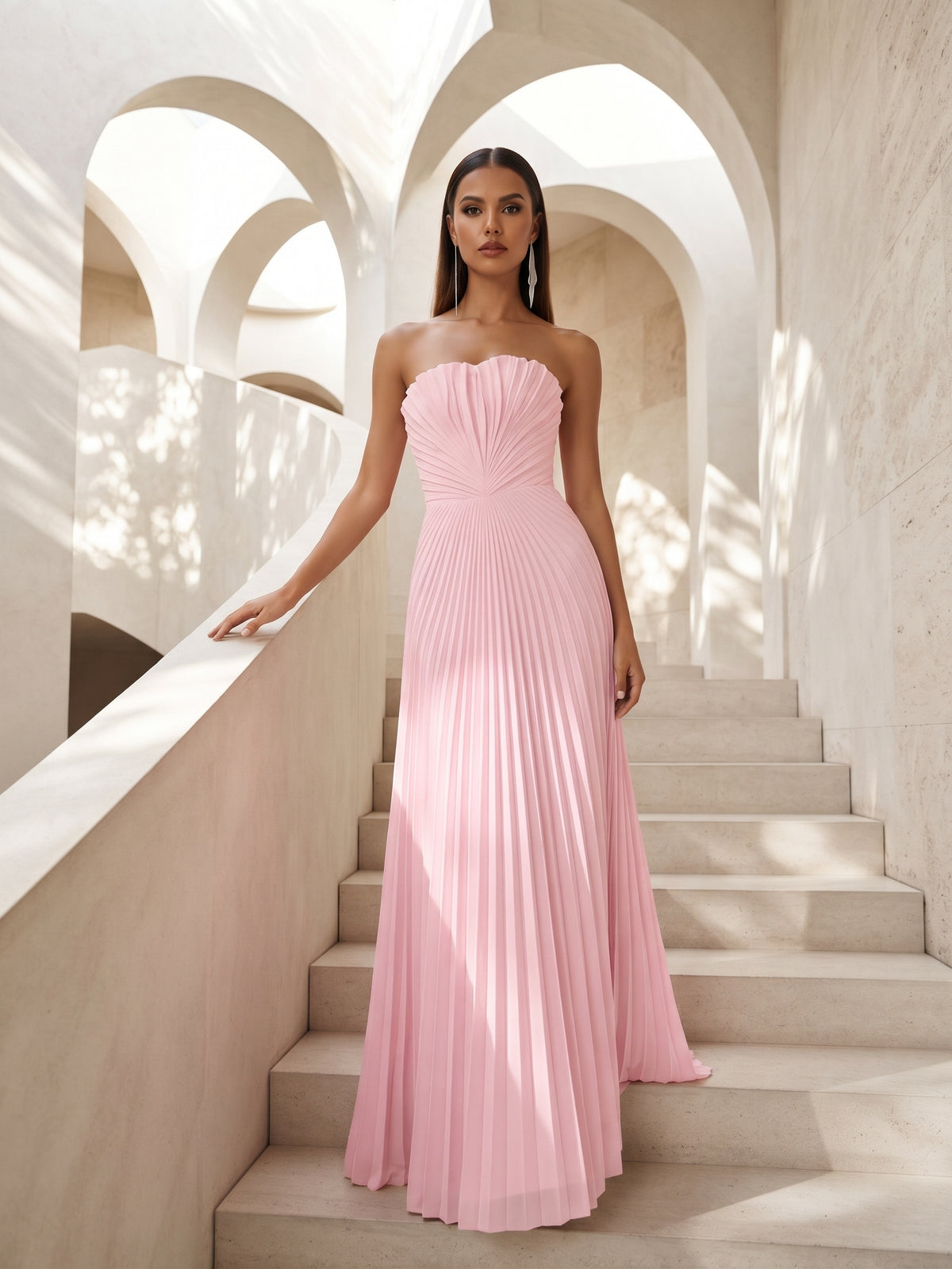 Strapless A-line Long Pleated Satin Prom Dress