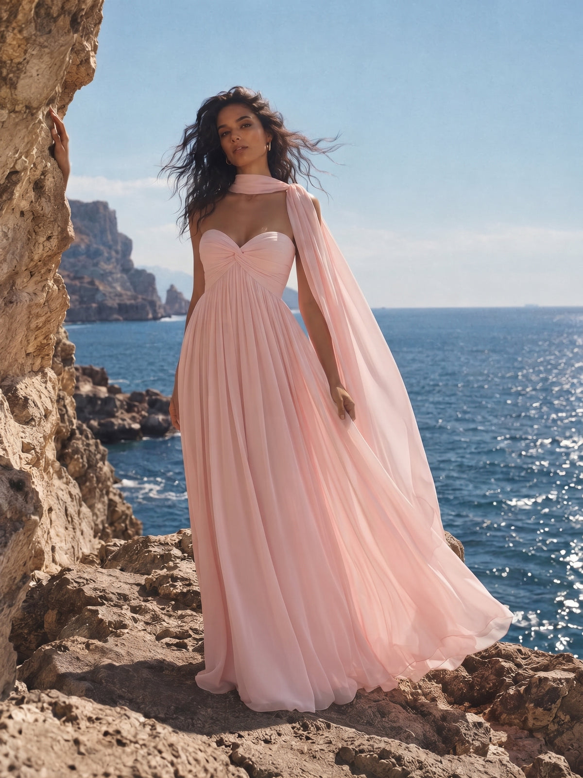 Strapless Ruched Chiffon Long Prom Dress with Scarf