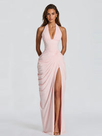 Ruched Halter Neck High-Slit Prom & Evening Dress