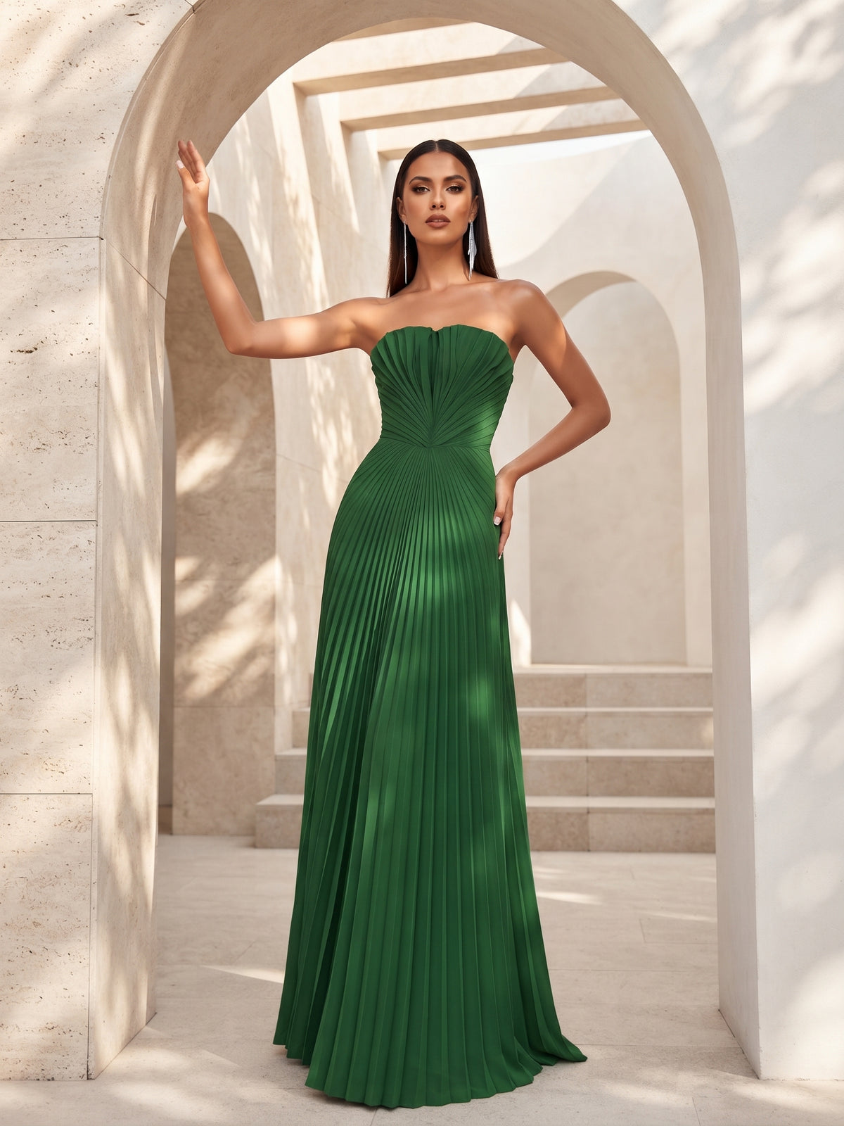 Strapless A-line Long Pleated Satin Prom Dress