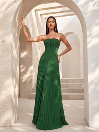 Strapless A-line Long Pleated Satin Prom Dress