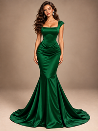 Navy Blue Square Neck Mermaid Pleated Satin Maxi Dress