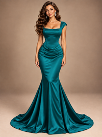 Navy Blue Square Neck Mermaid Pleated Satin Maxi Dress
