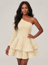 Champagne One Shouler Sequin Homecoming Dress with Long Sleeve Sparkly Puffy Tiered Mini Prom Dress Cocktail Party Gown