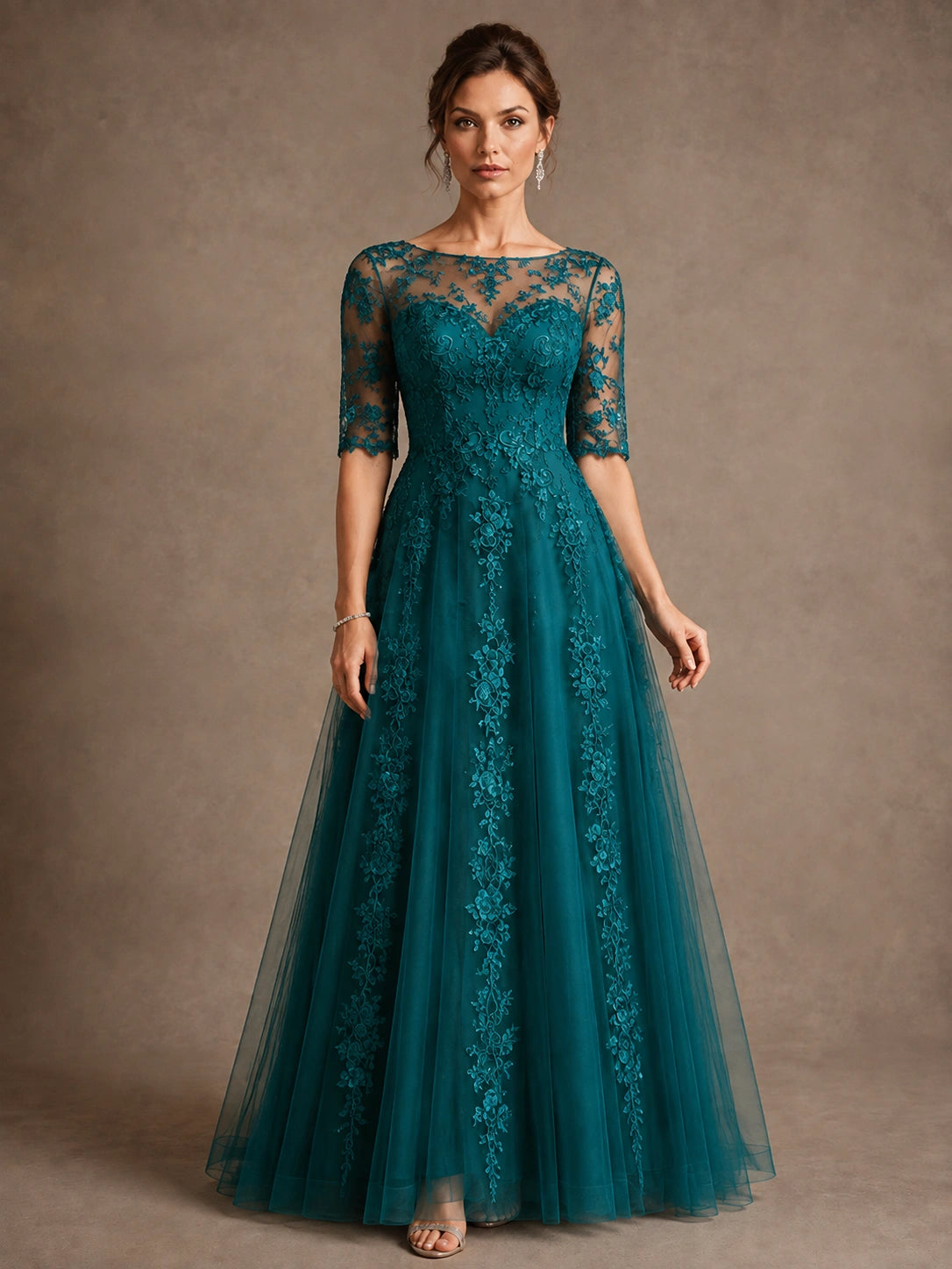A-Line Chiffon Mother of the Bride Dress with Lace Sleeves