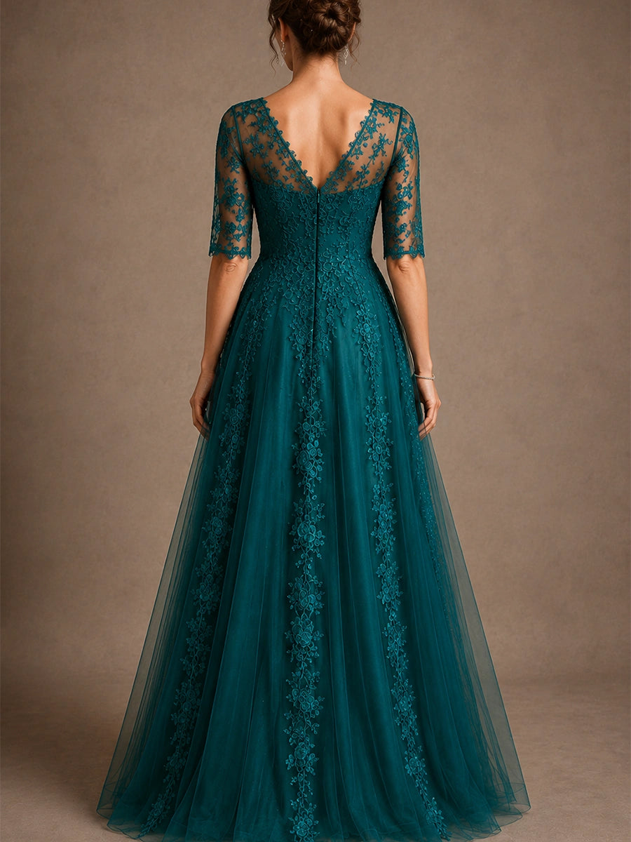 A-Line Chiffon Mother of the Bride Dress with Lace Sleeves