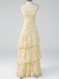 Yellow Tiered Ruffles Floral Embroidery Prom Dress