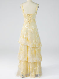 Yellow Tiered Ruffles Floral Embroidery Prom Dress